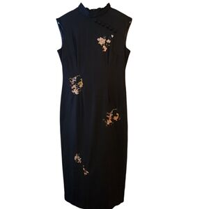 Scarlet Women's Cheongsem Style Black Dress With Embroidery Details Maxi Sz 12